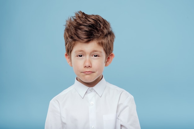 Portrait of beautiful little boy look at the camera isolated on blue background