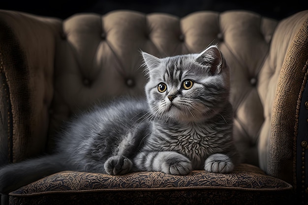 Portrait Beautiful little cat on a grey sofa photography