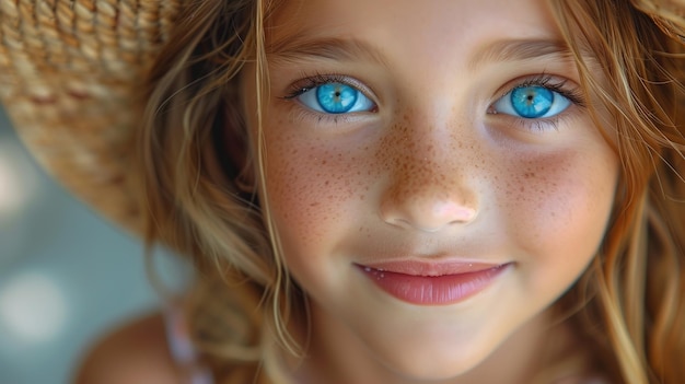 Portrait of a beautiful little girl with blue eyes in a straw hat