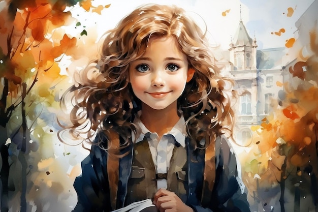 Portrait of a beautiful little girl with curly hair in the autumn park Watercolor style