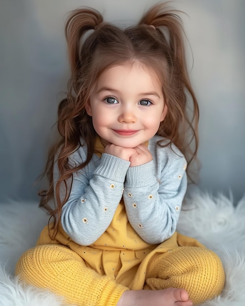 Portrait of a beautiful little girl with long hair in a yellow sweater