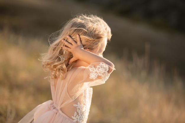 Portrait of a beautiful little princess girl in a pink dress. Posing in a field at sunset