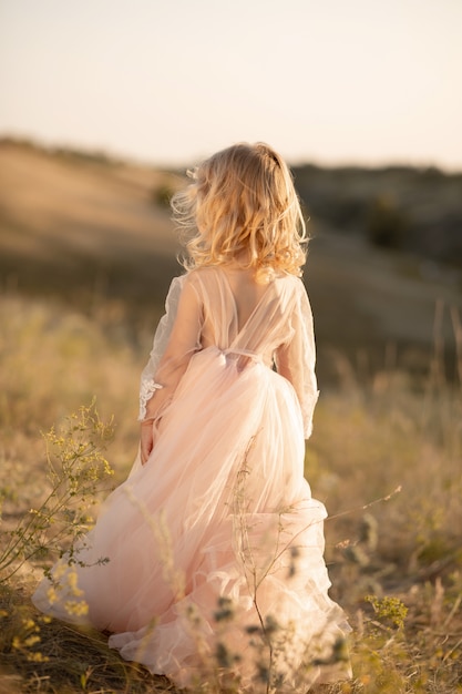 Portrait of a beautiful little princess girl in a pink dress. Posing in a field at sunset