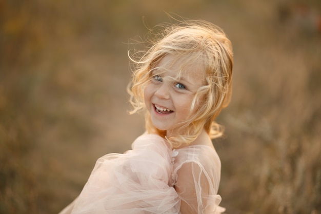 Portrait of a beautiful little princess girl in a pink dress. Posing in a field at sunset