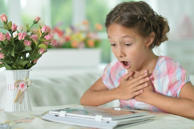 Portrait of Beautiful little surprised girl with tablet pc