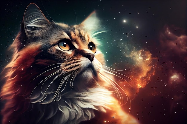 Portrait of a beautiful maine coon cat in spacegenerative ai