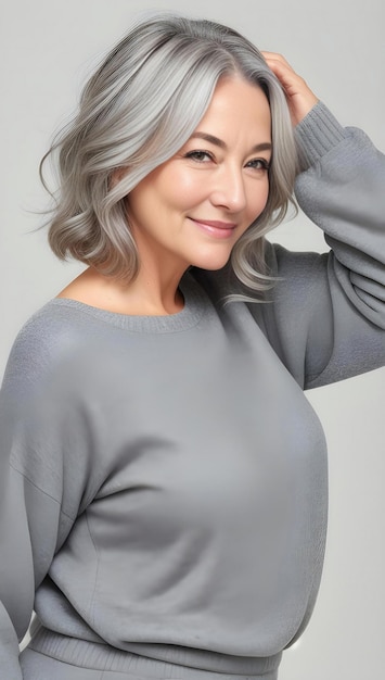 Portrait of a beautiful mature woman in a gray sweater on a gray background