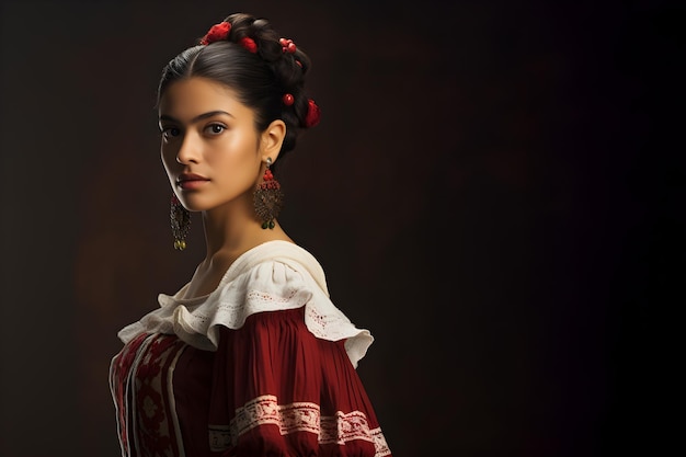 Portrait of beautiful Mexican woman in a Female Mexico national costume uniform Chiapaneca dress