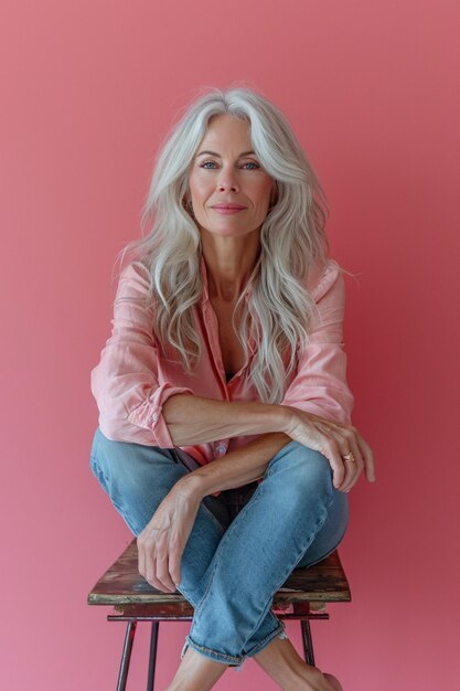 Portrait of a beautiful middleaged woman in jeans and a pink shirt on a pink background