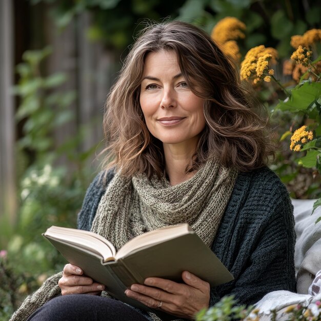 Portrait of a beautiful middleaged woman reading a book outdoors