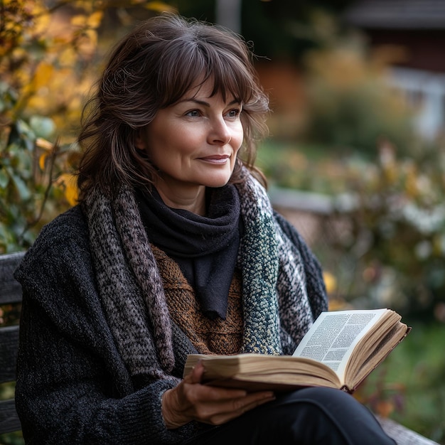 Portrait of a beautiful middleaged woman reading a book outdoors