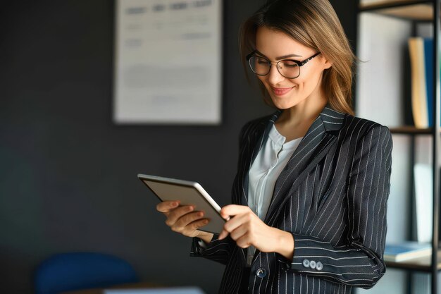 Photo portrait of a beautiful modern business woman using tablet in her office portrait of a beautiful mod