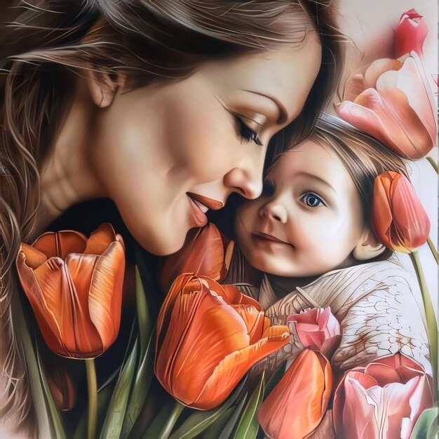 Portrait of beautiful mother and daughter with tulips Mothers Day