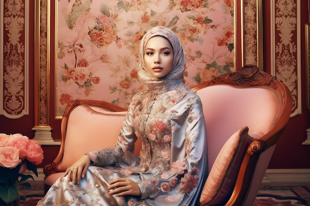 A portrait of beautiful Muslim woman wearing an elegant dress in a palace room