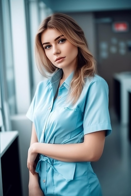 Portrait of beautiful nurse girl in the clinic Generative AI illustration