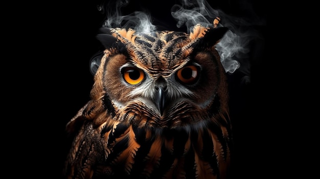 Portrait of a beautiful owl with smoke on a black backgroundgenerative ai