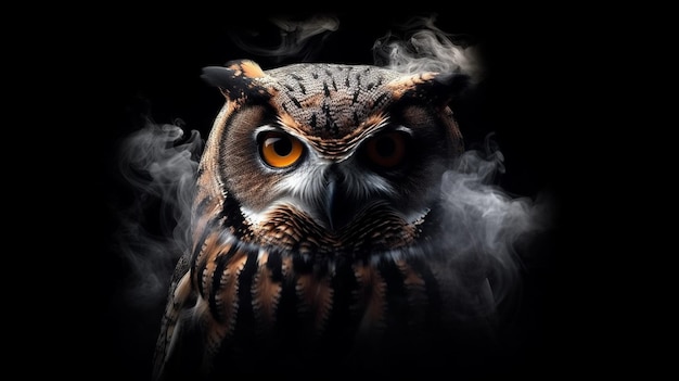 Portrait of a beautiful owl with smoke on a black backgroundgenerative ai