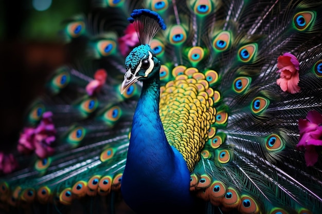 Portrait of a beautiful peacock with vibrant feathers Generative Ai