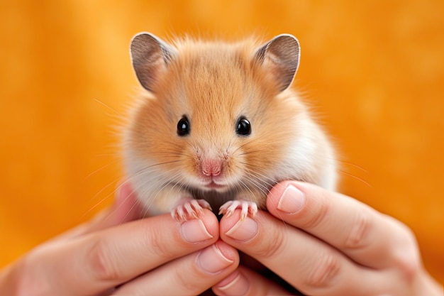 Portrait of a beautiful pet hamster in human hands hamster looking into camera caring for a pet Generate Ai