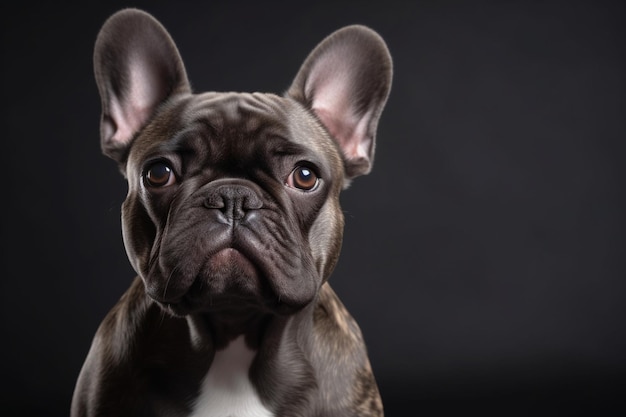 Portrait of beautiful purebreed dog french bulldog puppy posing looking at camera isolated over grey studio background