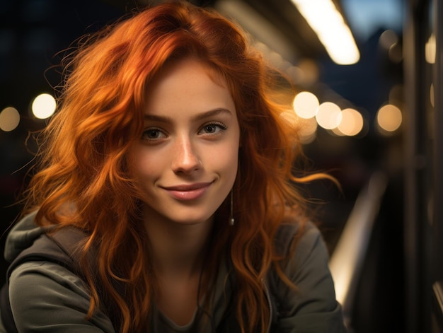 portrait of a beautiful red haired woman on a train