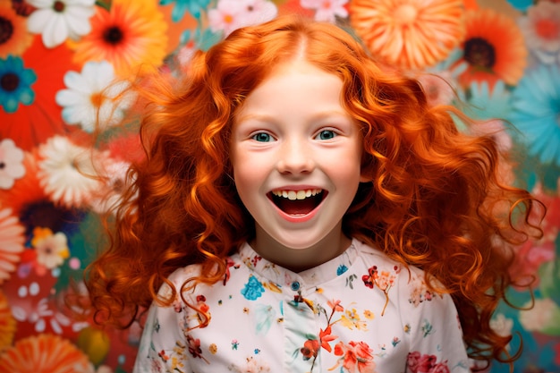 Portrait of a beautiful redhaired child on a colored background A happy child a joyful childhood