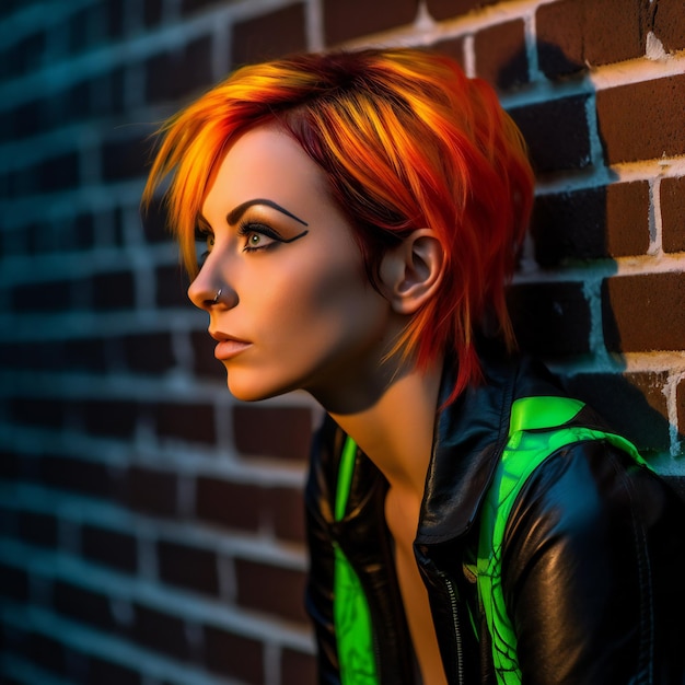 Portrait of a beautiful redhaired girl in a leather jacket against a brick wall