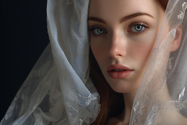 Portrait of a beautiful redhaired girl in a white veil