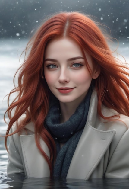 Portrait of a beautiful redhaired girl with freckles on her face in a coat and scarf on the backgro