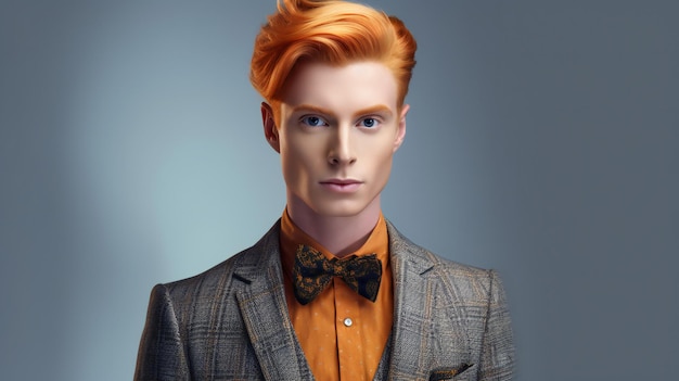 Portrait of a beautiful redhaired girl with an orange hairstyle and a bow tie