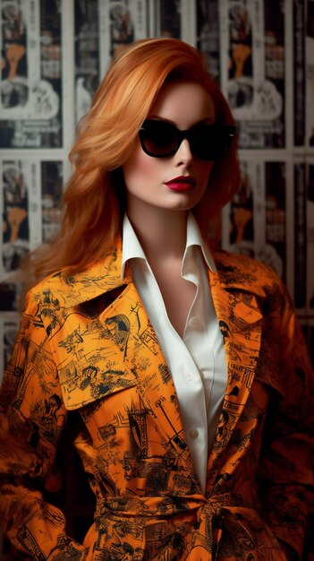 Portrait of a beautiful redhaired girl in a yellow coat and sunglasses