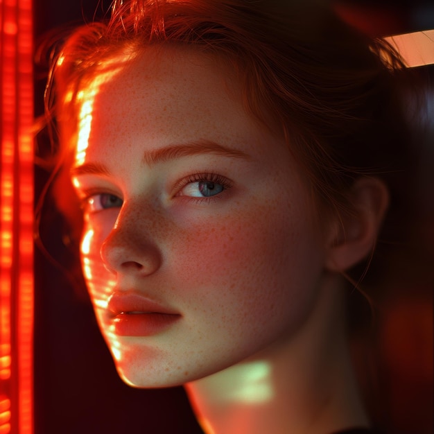 Portrait of a beautiful redhead girl in a dark room