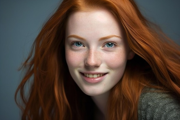 Portrait of a beautiful redhead girl with freckles on her face