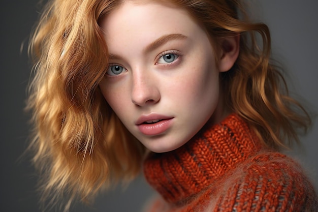 Portrait of a beautiful redhead girl with freckles in a warm sweater