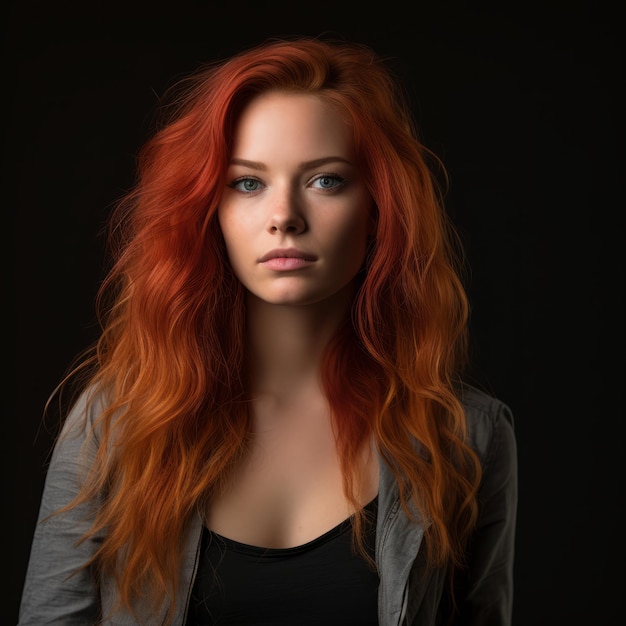 portrait of beautiful redhead woman with long hair on black background