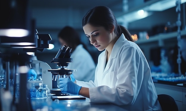 Portrait of Beautiful Scientist Looking Under Microscope Medical Science Laboratory