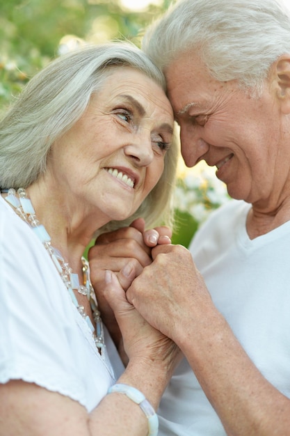 Portrait of beautiful senior couple hugging in the park