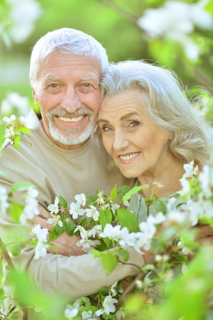 Portrait of beautiful senior couple hugging in spring park