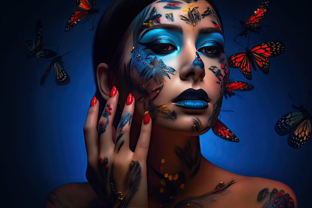 Portrait of a beautiful sensual woman and butterflies with unusual body art and colored eyes and