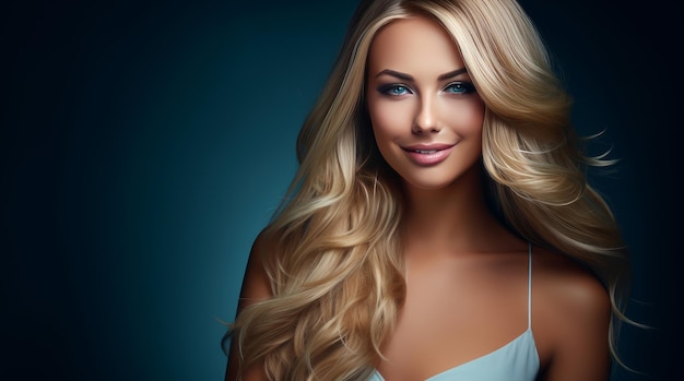 Portrait of a beautiful sexy Caucasian woman with perfect skin and white long hair on a dark blue background