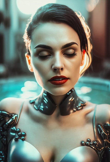 Portrait of beautiful sexy cyborg girl in a bathtub with water from the future Generative AI