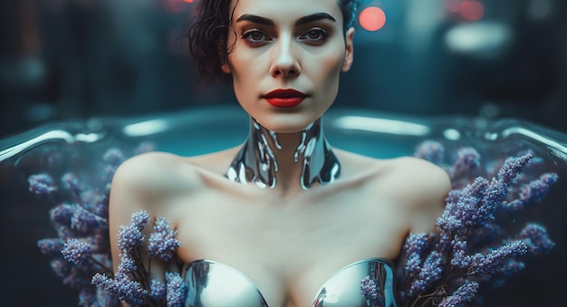 Portrait of a beautiful sexy cyborg girl with lilac flowers from the future on a water backgroun