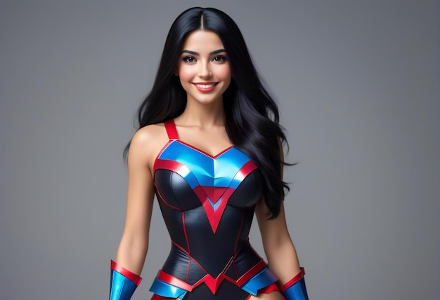 Portrait of beautiful sexy woman in red and blue latex costume