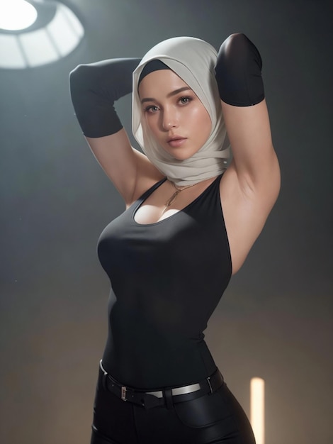 Portrait of a beautiful sexy woman wearing the hijab and showing her armpit