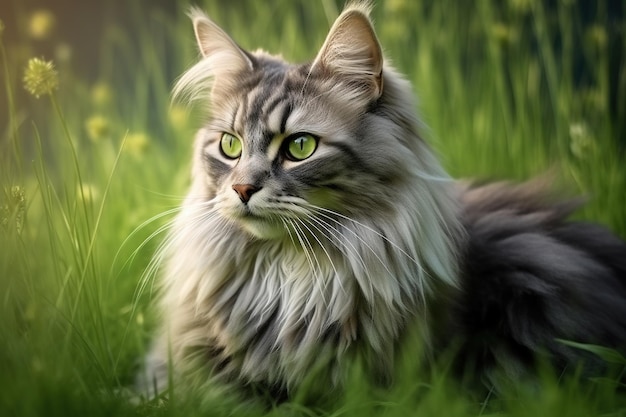 Portrait of a beautiful siberian cat on green grass