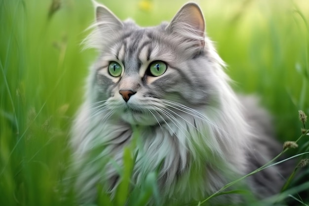 Portrait of a beautiful siberian cat on green grass