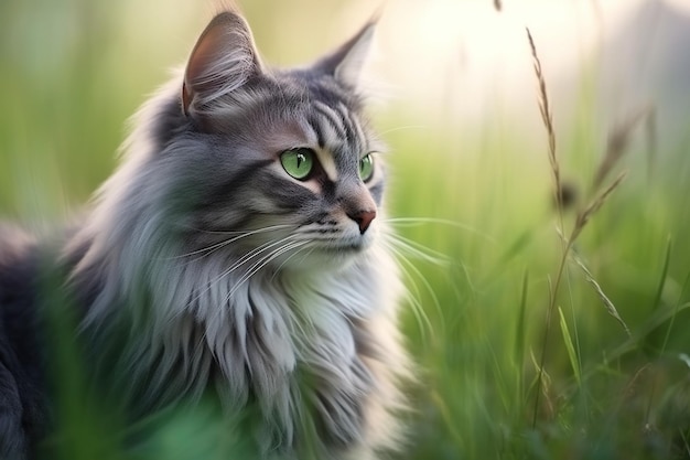 Portrait of a beautiful siberian cat on green grass