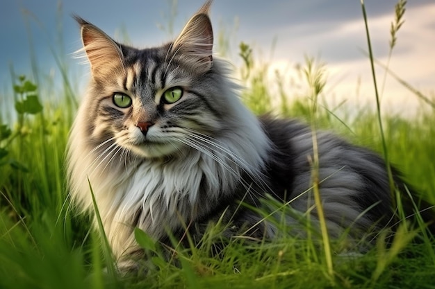 Portrait of a beautiful siberian cat on green grass