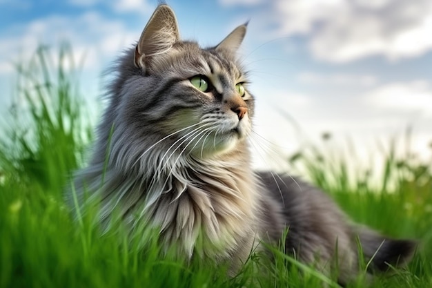 Portrait of a beautiful siberian cat on green grass