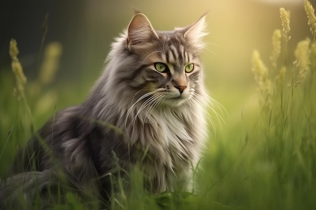 Portrait of a beautiful siberian cat on green grass